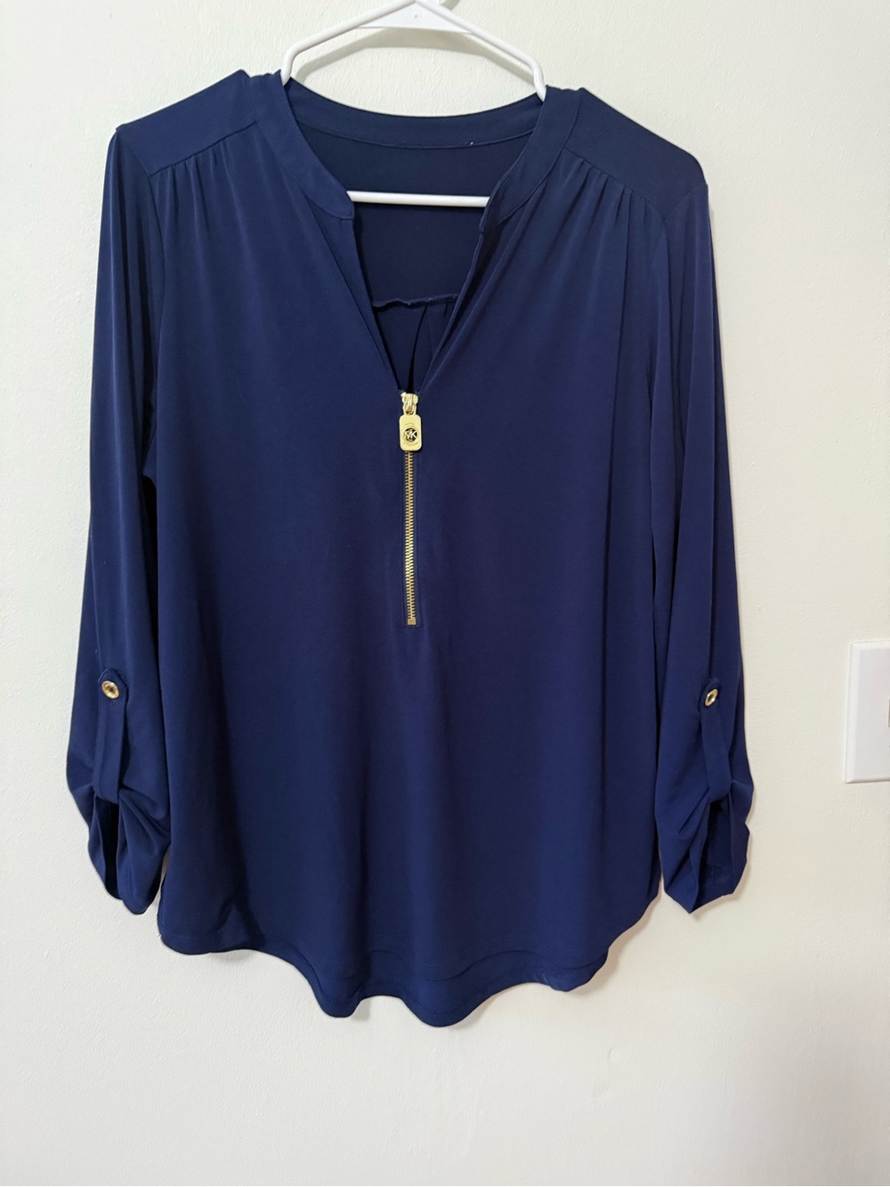 Womens Navy Blouse with Gold Zip Detail
